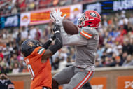 Marcus Rosemy-Jacksaint of Georgia (1) grabs a touchdown pass over National defensive back Willie Drew of Virginia State